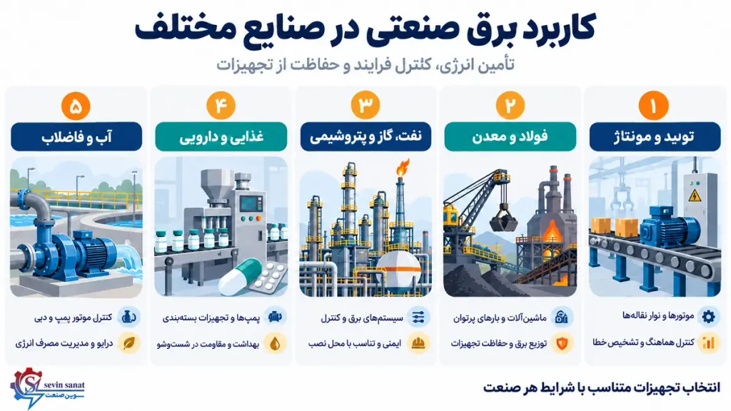 اینفوگرافی کاربرد برق صنعتی در صنایع مختلف